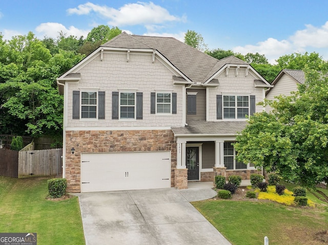 3805 Alden Pl, Cumming, GA 30028 - craftsman-style house with concrete driveway, stone siding, a garage, and a shingled roof