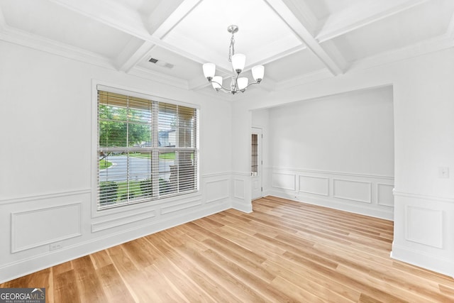 3805 Alden Pl, Cumming, GA 30028 - unfurnished room with a chandelier, coffered ceiling, light wood-type flooring, beam ceiling, and wainscoting
