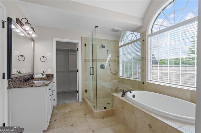 bathroom featuring plenty of natural light, a shower stall, and vanity