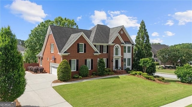 view of front of home featuring a garage, concrete driveway, a front yard, and brick siding