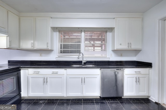 707 E Spring St, Monroe, GA 30655 - kitchen with stainless steel dishwasher, a sink, black electric range, white cabinets, and dark tile patterned flooring