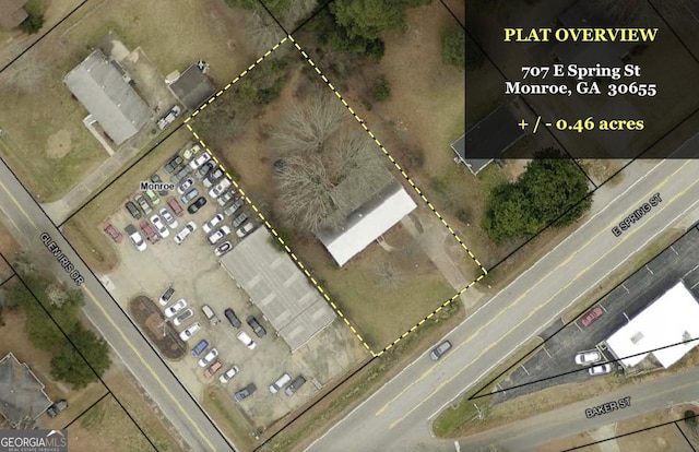 707 E Spring St, Monroe, GA 30655 - aerial map of property and surrounding area featuring property parcel outlined