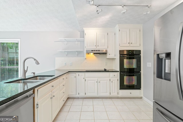 175 River Run, Roswell, GA 30075 - kitchen featuring black appliances, a sink, light tile patterned floors, open shelves, and backsplash
