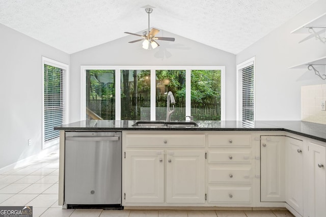 175 River Run, Roswell, GA 30075 - kitchen with stainless steel dishwasher, a sink, a ceiling fan, lofted ceiling, and dark stone countertops