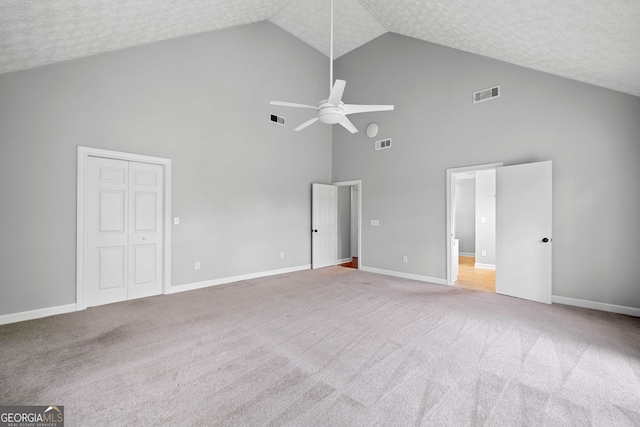 175 River Run, Roswell, GA 30075 - unfurnished bedroom featuring high vaulted ceiling, carpet flooring, baseboards, a textured ceiling, and a ceiling fan