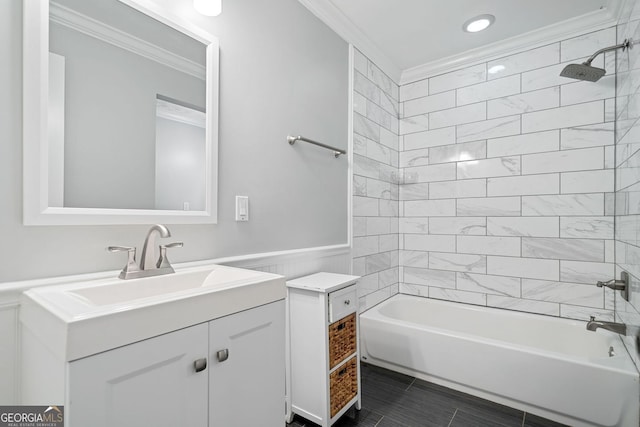 175 River Run, Roswell, GA 30075 - bathroom featuring ornamental molding, vanity, wainscoting, washtub / shower combination, and recessed lighting