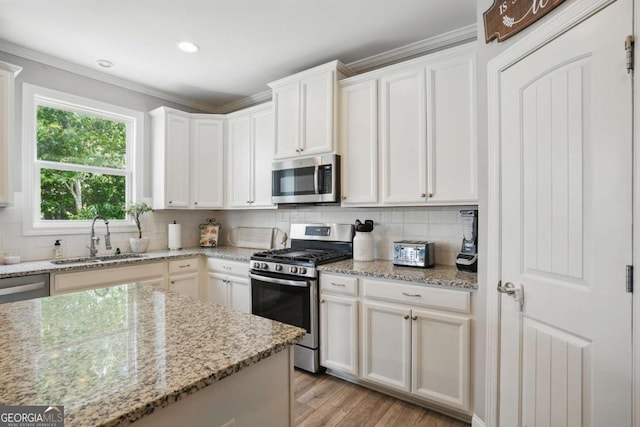 kitchen with appliances with stainless steel finishes, a sink, light wood finished floors, decorative backsplash, and crown molding
