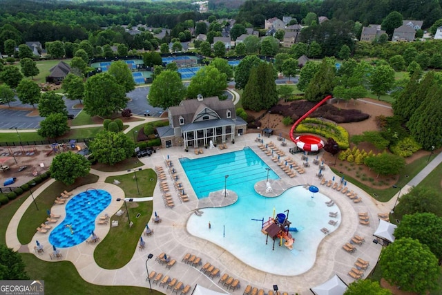 drone / aerial view of a pool area