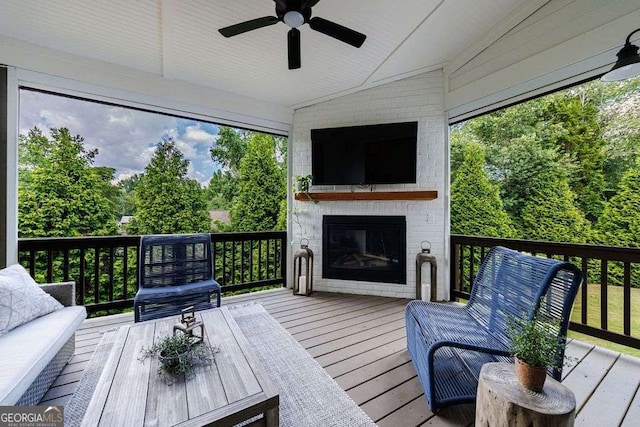 4992 Concert Ln, Marietta, GA 30066 - deck featuring a ceiling fan and an outdoor living space with a fireplace