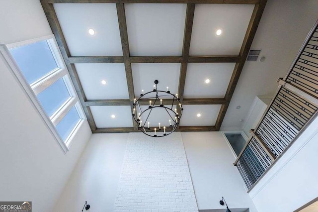 4992 Concert Ln, Marietta, GA 30066 - detailed view of a chandelier, beamed ceiling, coffered ceiling, and recessed lighting