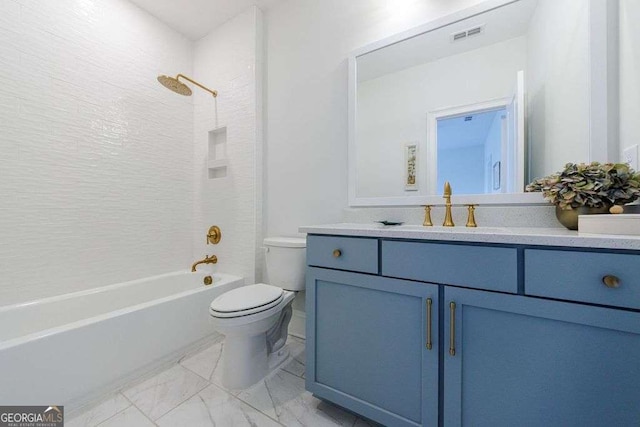 4992 Concert Ln, Marietta, GA 30066 - bathroom featuring toilet, vanity, shower / bathtub combination, and marble finish flooring