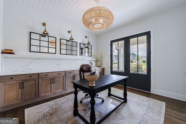 4992 Concert Ln, Marietta, GA 30066 - office with french doors, wood ceiling, dark wood-type flooring, and baseboards