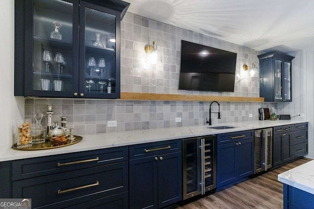 4992 Concert Ln, Marietta, GA 30066 - bar area featuring a sink, wine cooler, dark wood-style flooring, and decorative backsplash