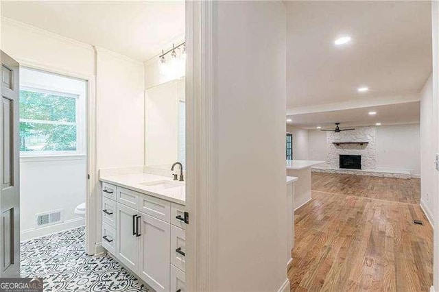 418 Mockingbird Ln, Smyrna, GA 30082 - bathroom with a fireplace, vanity, toilet, recessed lighting, and wood finished floors