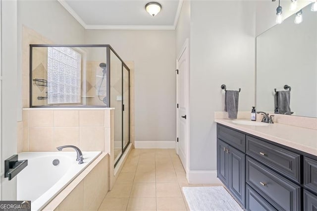 1525 Camden Cove Dr, Cumming, GA 30040 - bathroom with a stall shower, crown molding, a bath, vanity, and tile patterned floors
