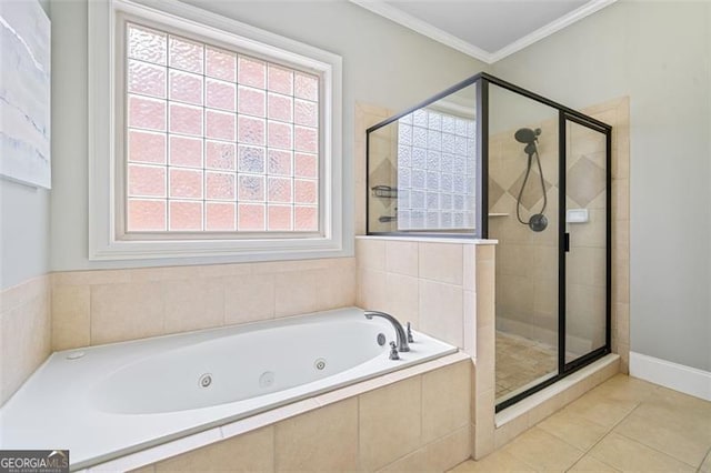 1525 Camden Cove Dr, Cumming, GA 30040 - bathroom with a shower stall, plenty of natural light, a jetted tub, ornamental molding, and tile patterned floors
