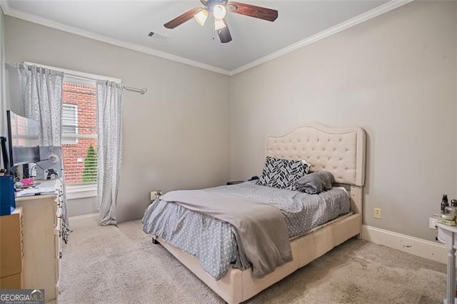 1525 Camden Cove Dr, Cumming, GA 30040 - bedroom featuring light colored carpet, crown molding, baseboards, and ceiling fan