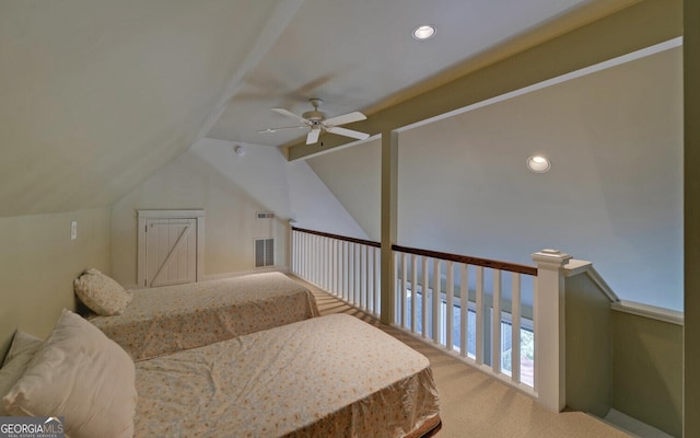 bedroom featuring lofted ceiling, ceiling fan, carpet floors, and recessed lighting