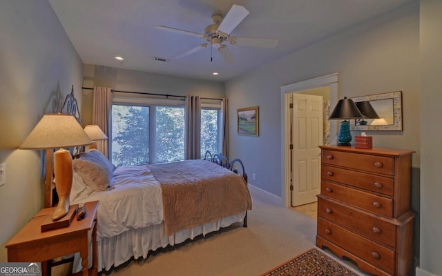 bedroom featuring carpet, baseboards, a ceiling fan, and recessed lighting