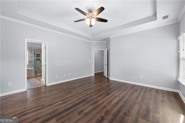 3826 Baxley Village Trl, Suwanee, GA 30024 - unfurnished room with a raised ceiling, a ceiling fan, dark wood-style floors, and crown molding