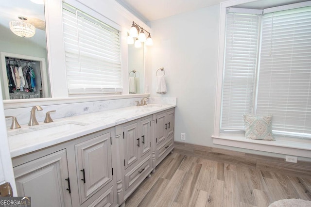 bathroom featuring double vanity and wood finished floors
