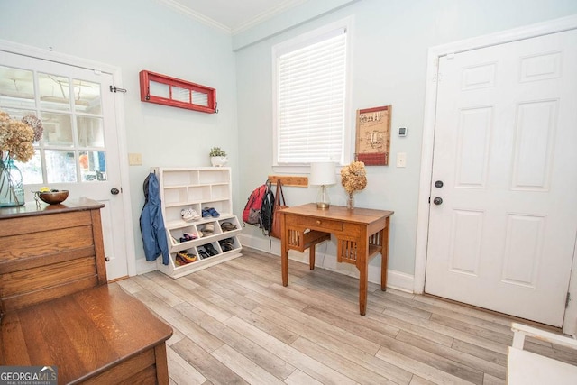 foyer with ornamental molding, light wood-type flooring, plenty of natural light, and baseboards