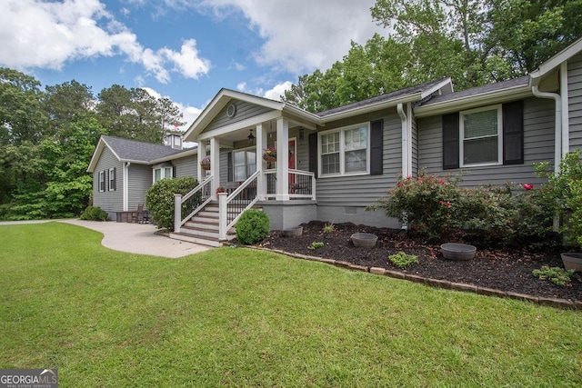 ranch-style house with crawl space, a front yard, and a porch