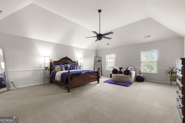 1181 Gateview Dr, Lawrenceville, GA 30046 - bedroom with lofted ceiling, light colored carpet, baseboards, and ceiling fan