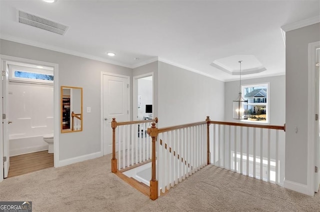 541 Glen Abbey Cir, Mableton, GA 30126 - hallway featuring an upstairs landing, carpet, baseboards, recessed lighting, and ornamental molding