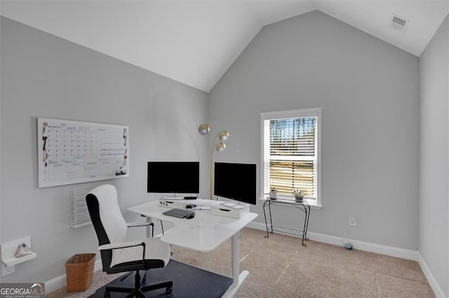 541 Glen Abbey Cir, Mableton, GA 30126 - office featuring lofted ceiling, baseboards, and light carpet