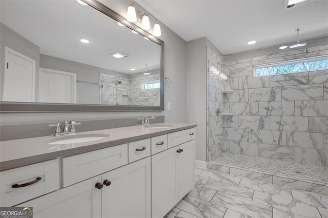 541 Glen Abbey Cir, Mableton, GA 30126 - bathroom with marble look tiles, a walk in shower, double vanity, and recessed lighting