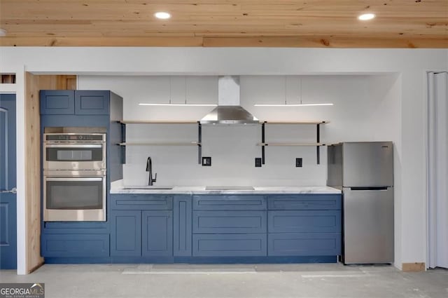 541 Glen Abbey Cir, Mableton, GA 30126 - kitchen featuring stainless steel appliances, wall chimney range hood, open shelves, a sink, and blue cabinets