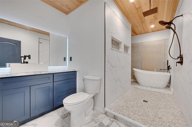541 Glen Abbey Cir, Mableton, GA 30126 - bathroom with marble look tile flooring, wood ceiling, a shower, toilet, and vanity