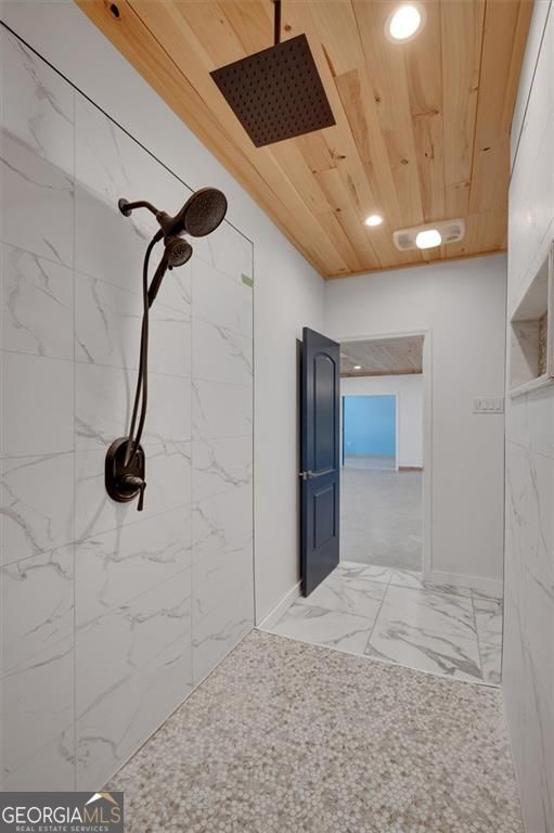 541 Glen Abbey Cir, Mableton, GA 30126 - full bath with marble look tile flooring, a tile shower, wooden ceiling, and recessed lighting