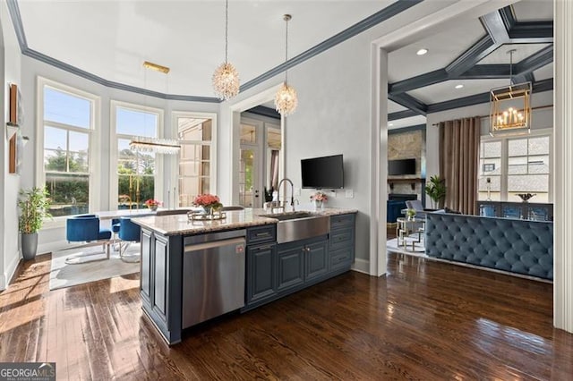 kitchen featuring stainless steel dishwasher, a chandelier, a sink, crown molding, and dark wood-type flooring