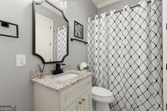 15815 Winterfield Way, Alpharetta, GA 30004 - full bathroom with toilet, vanity, ornamental molding, and curtained shower