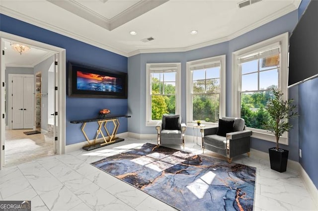 sitting room with marble finish floors, crown molding, baseboards, and recessed lighting