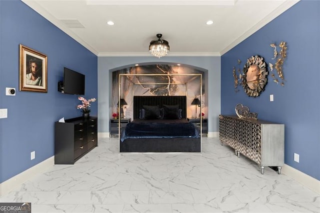 bedroom with crown molding, baseboards, marble look tiles, arched walkways, and recessed lighting