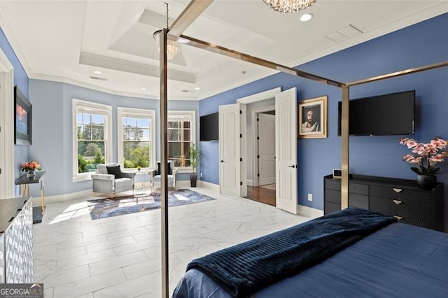 15815 Winterfield Way, Alpharetta, GA 30004 - bedroom featuring marble look tile flooring, ornamental molding, baseboards, a tray ceiling, and a chandelier