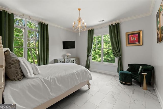 bedroom with a chandelier, light marble finish flooring, multiple windows, crown molding, and baseboards