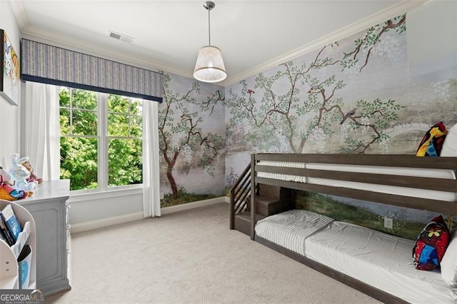 15815 Winterfield Way, Alpharetta, GA 30004 - bedroom with ornamental molding, baseboards, carpet, and wallpapered walls