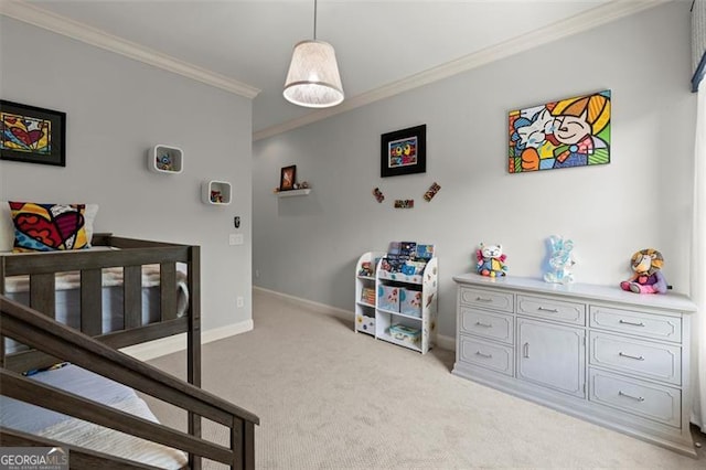 bedroom with crown molding, light colored carpet, and baseboards