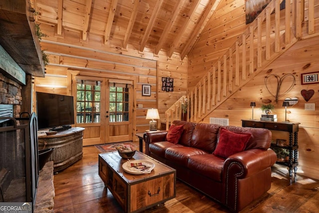 17 S Nicholas Way, Ellijay, GA 30540 - living room with wooden ceiling, stairs, wood walls, beam ceiling, and wood-type flooring