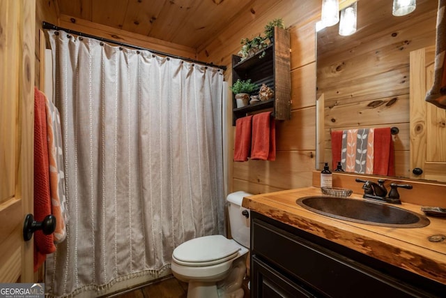 17 S Nicholas Way, Ellijay, GA 30540 - full bath with wood walls, toilet, vanity, wood ceiling, and a shower with curtain