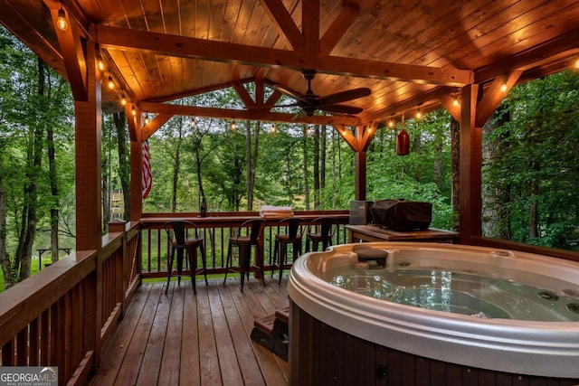 17 S Nicholas Way, Ellijay, GA 30540 - deck featuring a hot tub and ceiling fan