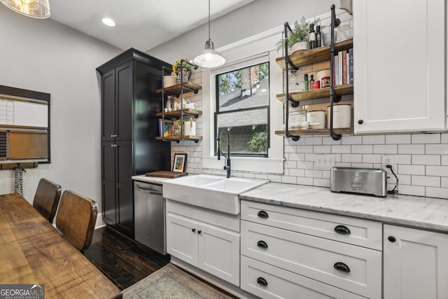 1211 Mortimer Pl SE, Atlanta, GA 30317 - kitchen with open shelves, dishwasher, a sink, dark wood-type flooring, and decorative backsplash