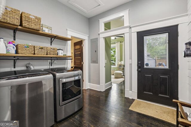 1211 Mortimer Pl SE, Atlanta, GA 30317 - clothes washing area with independent washer and dryer, dark wood finished floors, electric panel, and baseboards