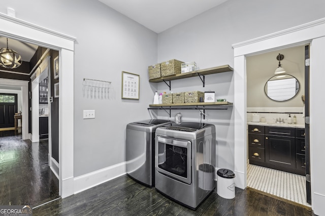 1211 Mortimer Pl SE, Atlanta, GA 30317 - laundry area with independent washer and dryer, dark wood-type flooring, and baseboards