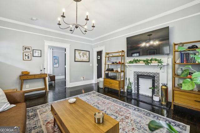 1211 Mortimer Pl SE, Atlanta, GA 30317 - living area with a chandelier, wood finished floors, ornamental molding, a fireplace, and baseboards