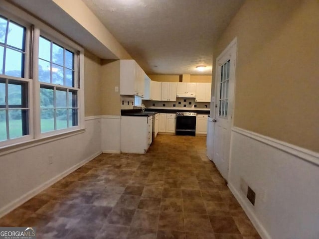 3026 Hidden Forest Dr, Snellville, GA 30078 - kitchen with range, white cabinetry, wainscoting, a sink, and under cabinet range hood
